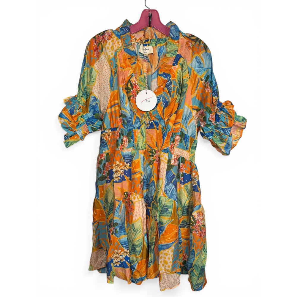 NWT Umgee Tropical Floral Mini Dress Ruffle V-Neck Smocked Waist Large Summer
